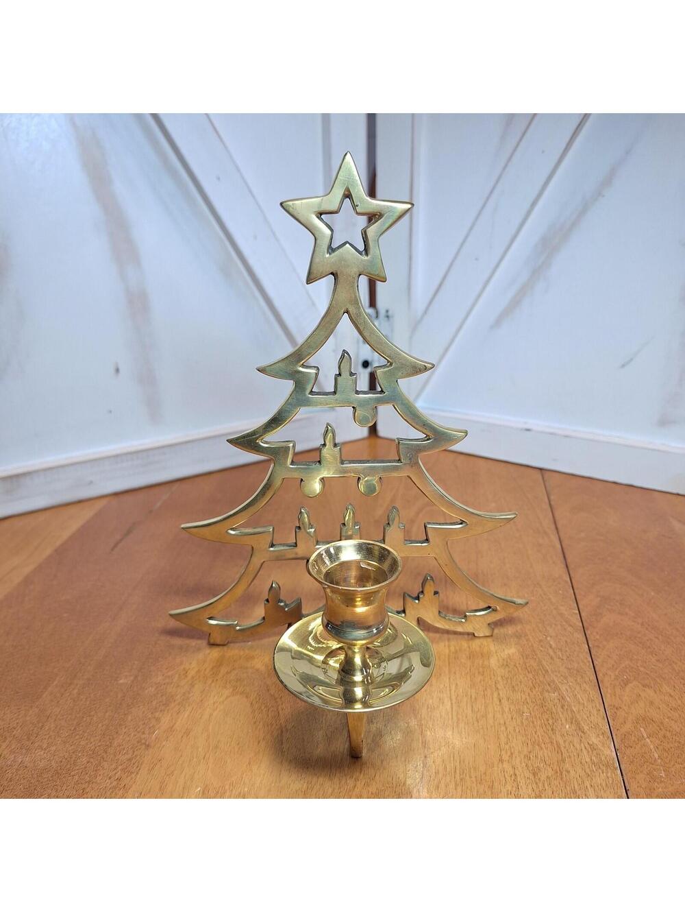 Vtg Brass Christmas Tree Candle Holder Made In India 8.25"H X 6.5"W X 3.5"D
